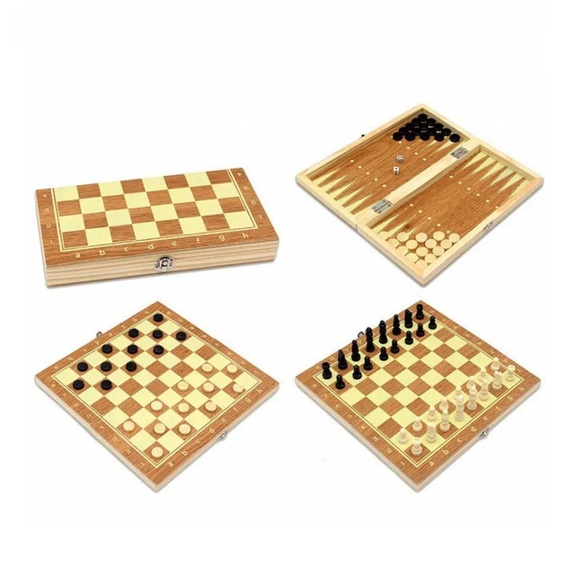 Шахматы, нарды, шашки деревянные 3 в 1 (поле 39 см) фигуры из пластика