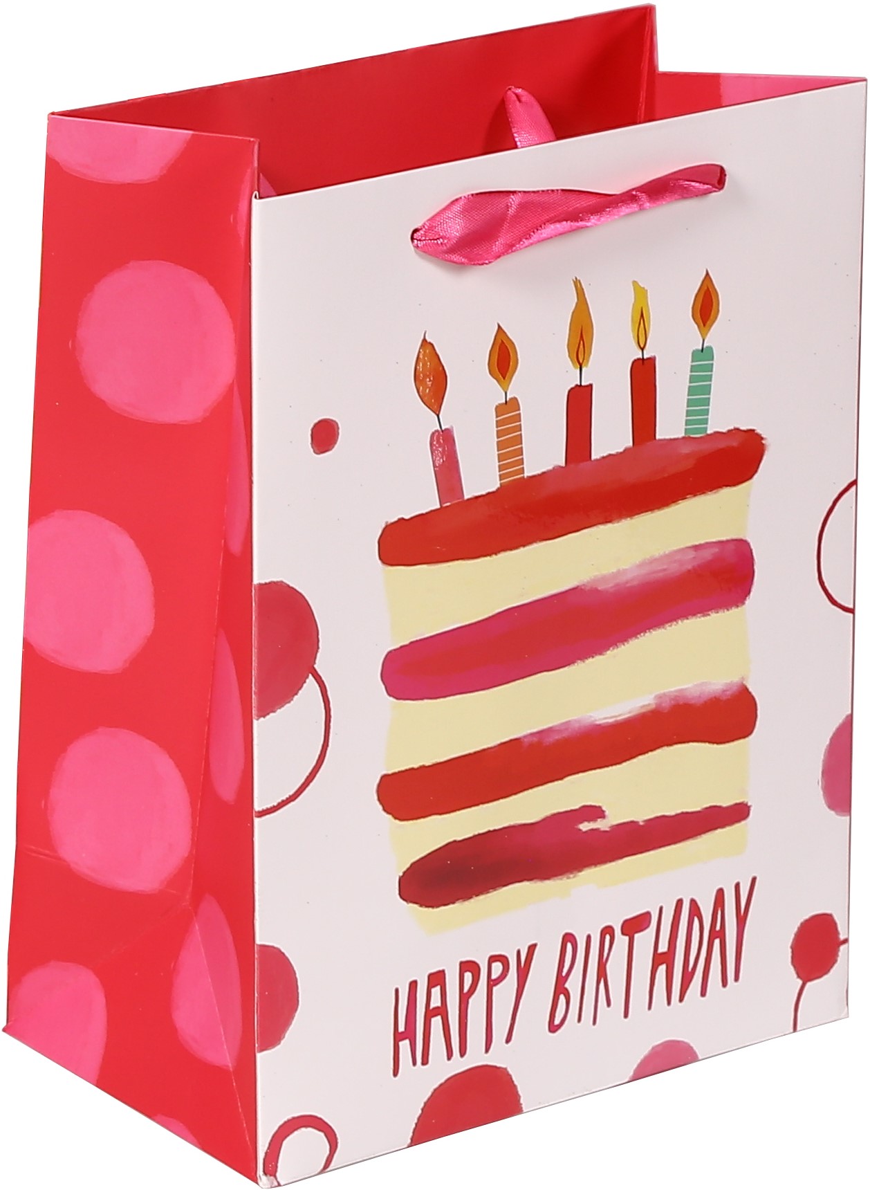 Пакет подарочный, С Днем Рождения (торт и свечи), Розовый, 32*26*12 см, 1 шт.