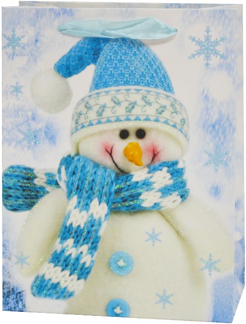 Пакет подарочный Снеговичок в колпачке, Голубой, с блестками, 43*30*12 см /ДБ