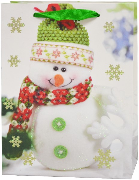 Пакет подарочный Снеговичок в зеленой шапочке, с блестками, 32*26*10 см /ДБ