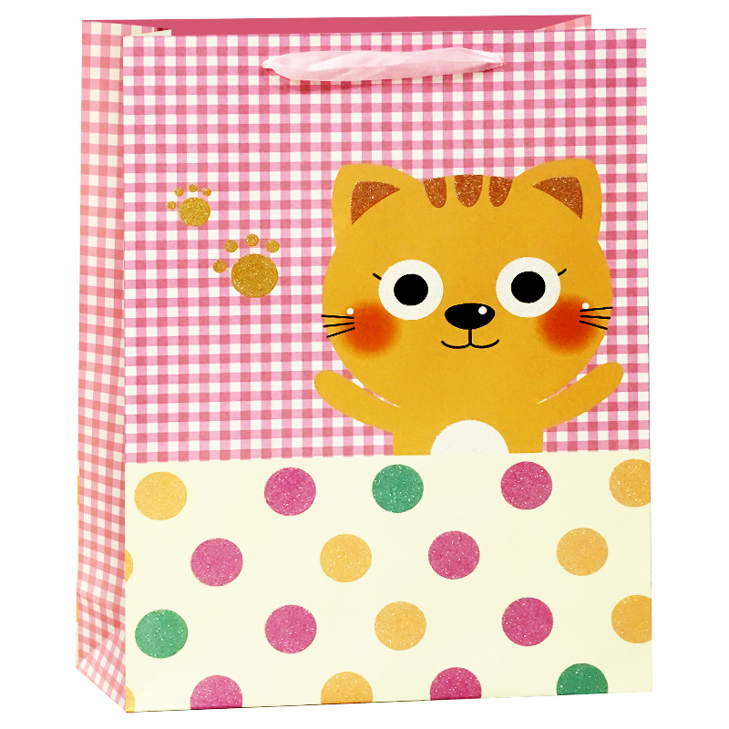 Пакет подарочный Милый котик, с блестками, Розовый, 18*23*10 см /ДБ