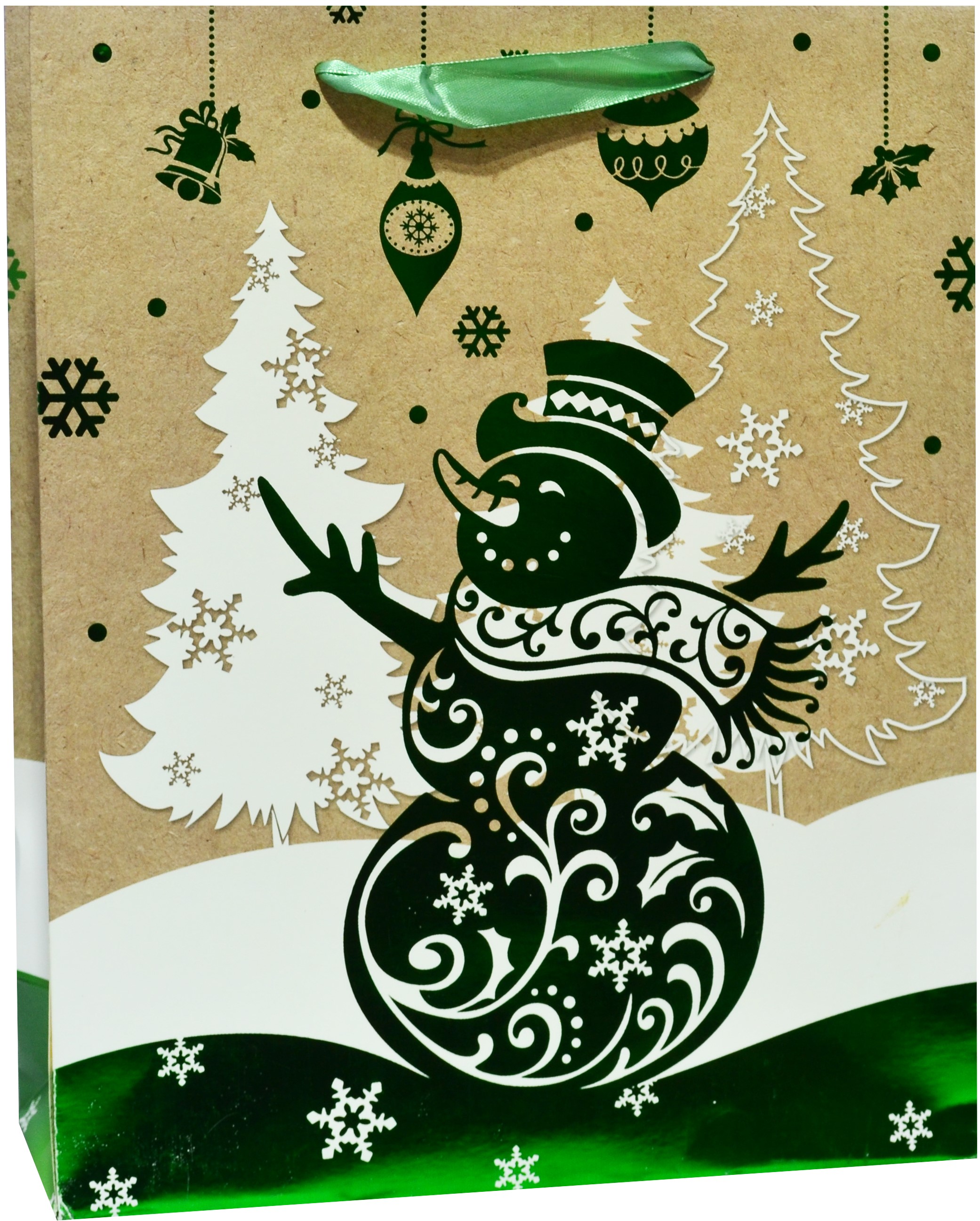 Пакет подарочный Новогодний снеговичок, Зеленый, Металлик, 24*18*9 см /ДБ