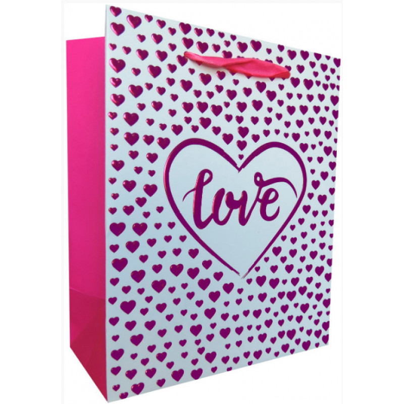 Пакет подарочный  Love, Множество сердец, Розовый металлик, 23*18*10 см