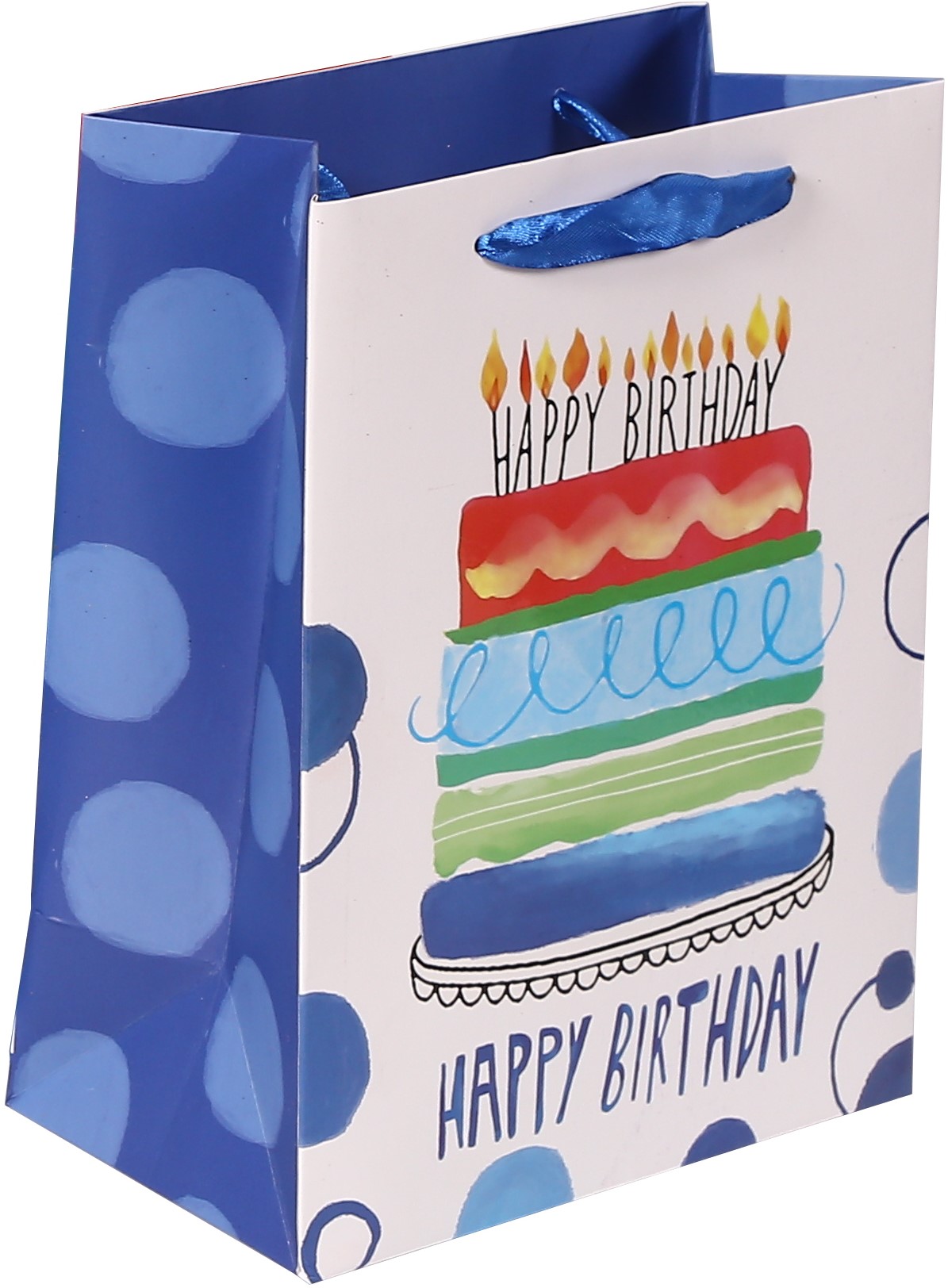 Пакет подарочный, С Днем Рождения (торт и свечи), Синий, 32*26*12 см, 1 шт.