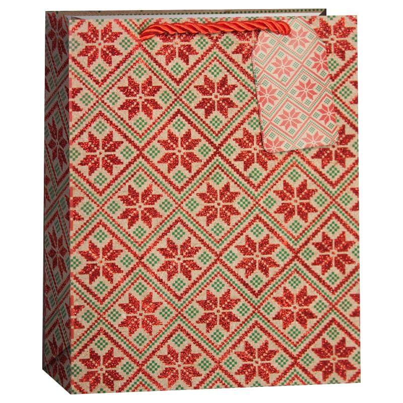 Пакет подарочный, Геометрические снежинки, Крафт, с блестками, 42*31*12 см, 1 шт.