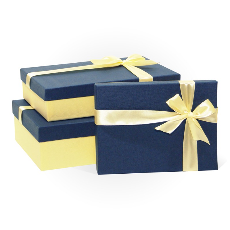 Набор подарочных коробок 3в1 с бантом Лен 290*190*80 (Прямоугольн., синий/слон.кость)