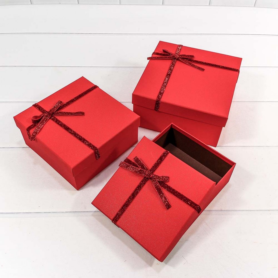 Набор коробок Сверкающий бант, Красный, с блестками, 19*19*9 см, 3 шт.