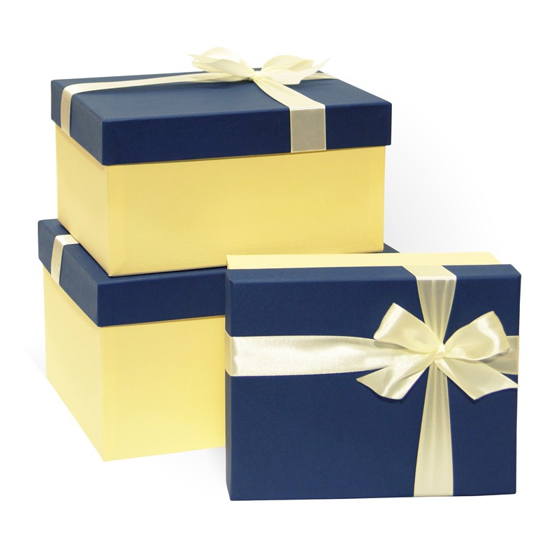Набор подарочных коробок 3в1 с бантом Ромб 230*190*130 (Прямоуголн. синий/слон кость) для подарка