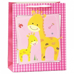Пакет подарочный Милые жирафики, с блестками, Розовый, 31*42*12 см