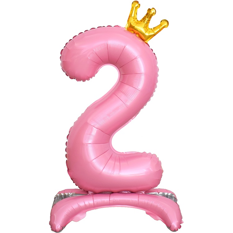 Шар Х (32"/81 см) Цифра, 2, Золотая корона, на подставке, Розовый