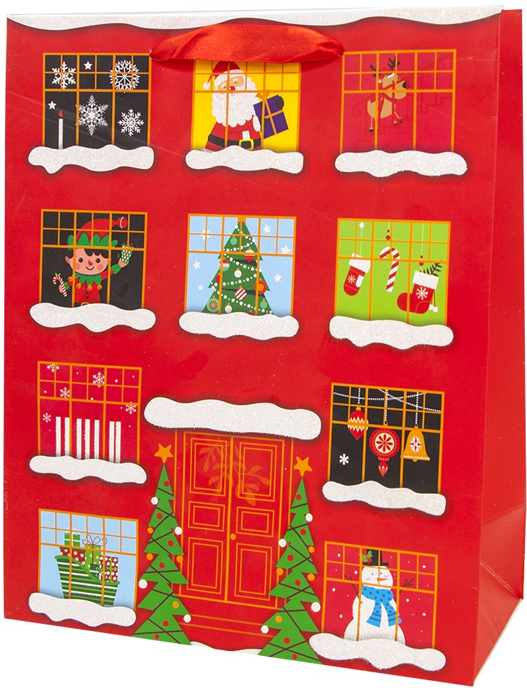Пакет подарочный Новогодние окна, Красный, с блестками, 44*31*12 см /ДБ