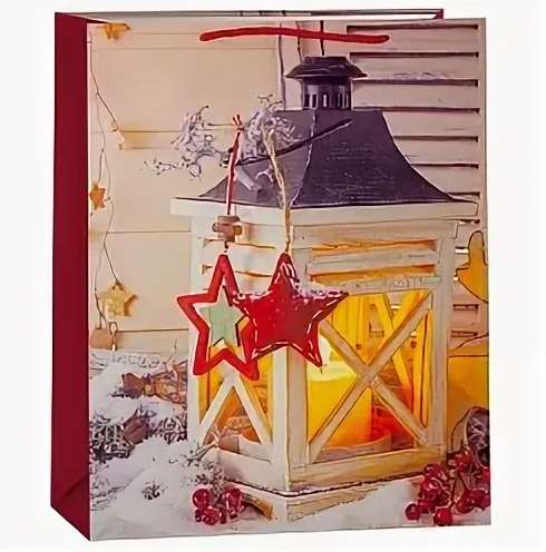 Пакет подарочный Новогодний фонарик и звездочки, Красный, 50*38*18 см