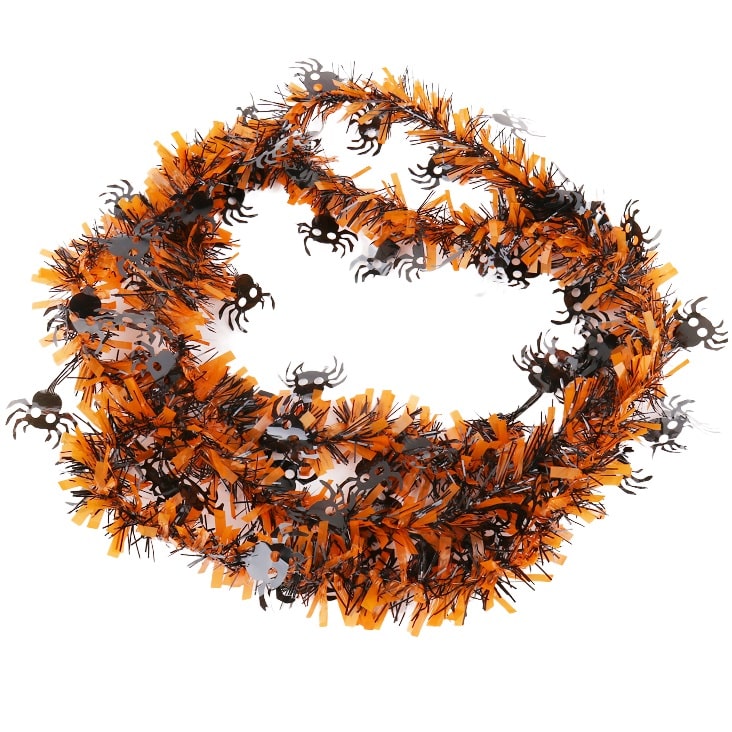 Мишура Хэллоуин Оранжевая с пауками, 6 см, 2 м. /Сф  M111377