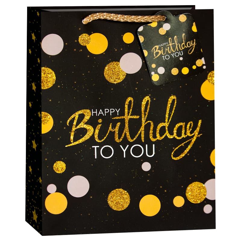 Пакет подарочный, С Днем Рождения Золотые точки, Черный с блестками, 32*26*12 см