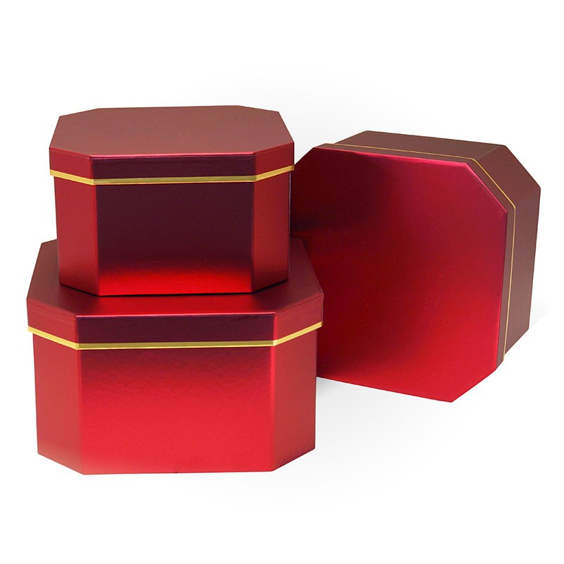 Набор подарочных коробок 3в1Восьмиугольник 21,8*21,8*12,5 (Красный, металл)