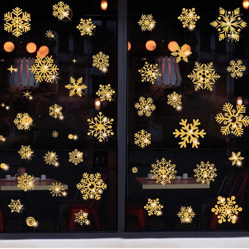 Новогодняя электростатическая наклейка цветная Снежинки золотые, 50*70 см./Сф