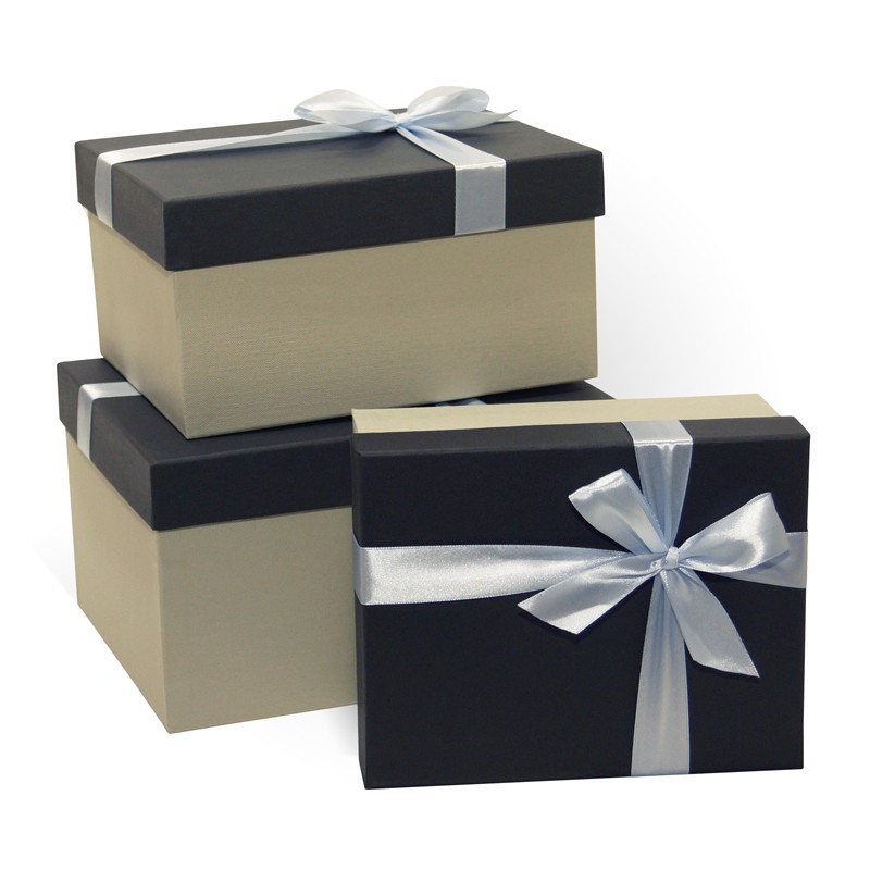 Набор подарочных коробок 3в1 с бантом Ромб 230*190*130 (Прямоуголн. черный /светло серый )