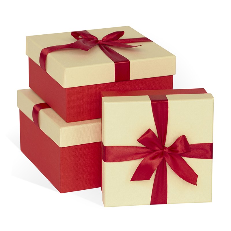 Набор подарочных коробок 3в1 с бантом Лен 210*210*110 (Квадрат, слоновая кость, красная лента)