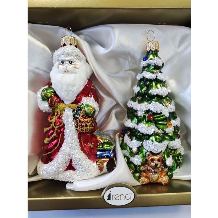 Набор Дед Мороз с мишкой и елка с подарками, стекло, ручная работа