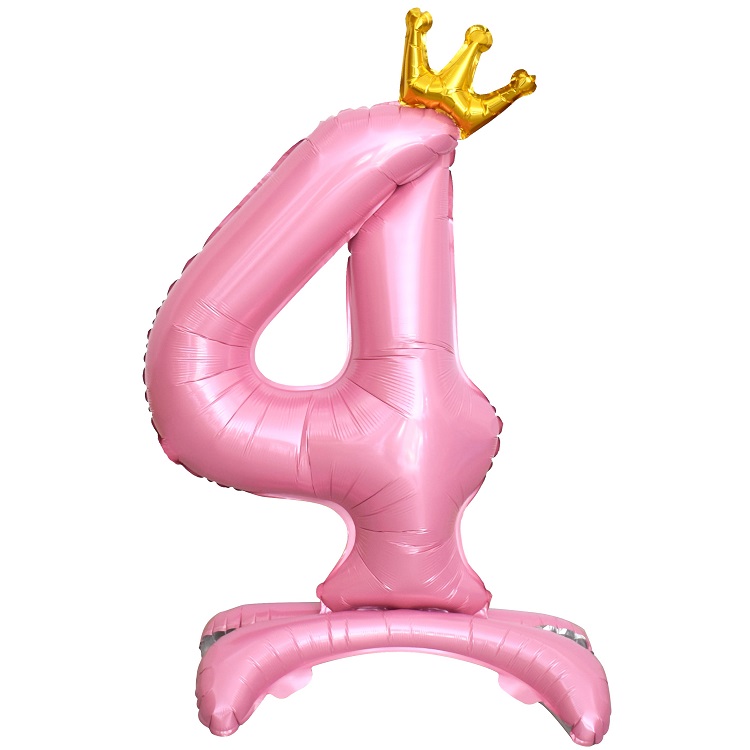 Шар Х (32"/81 см) Цифра, 4, Золотая корона, на подставке, Розовый