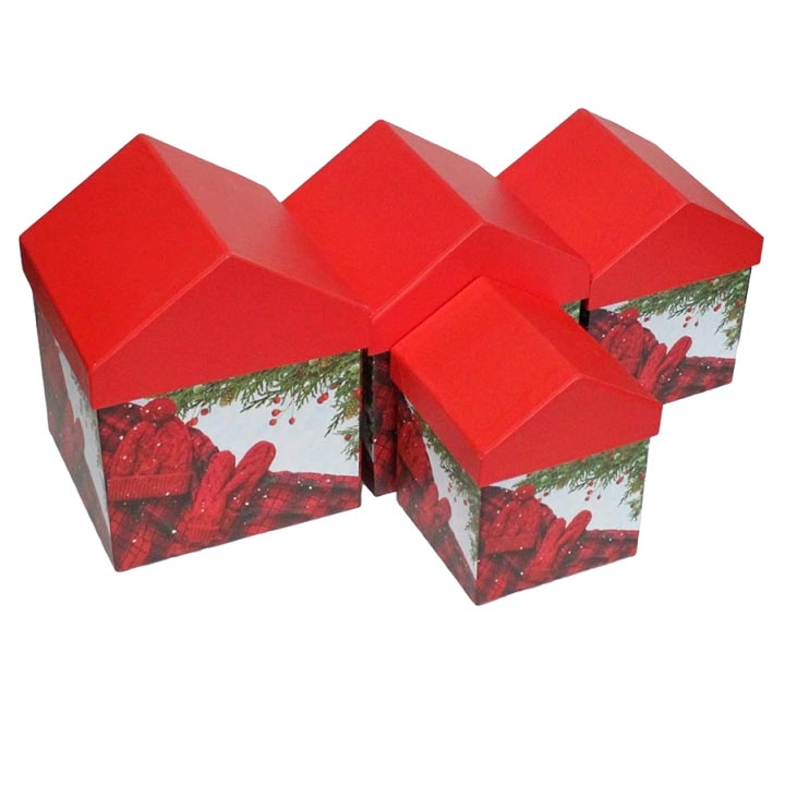 Набор коробок, Новогодние домики (шапочка и рукавички), Красный, 4 шт.
