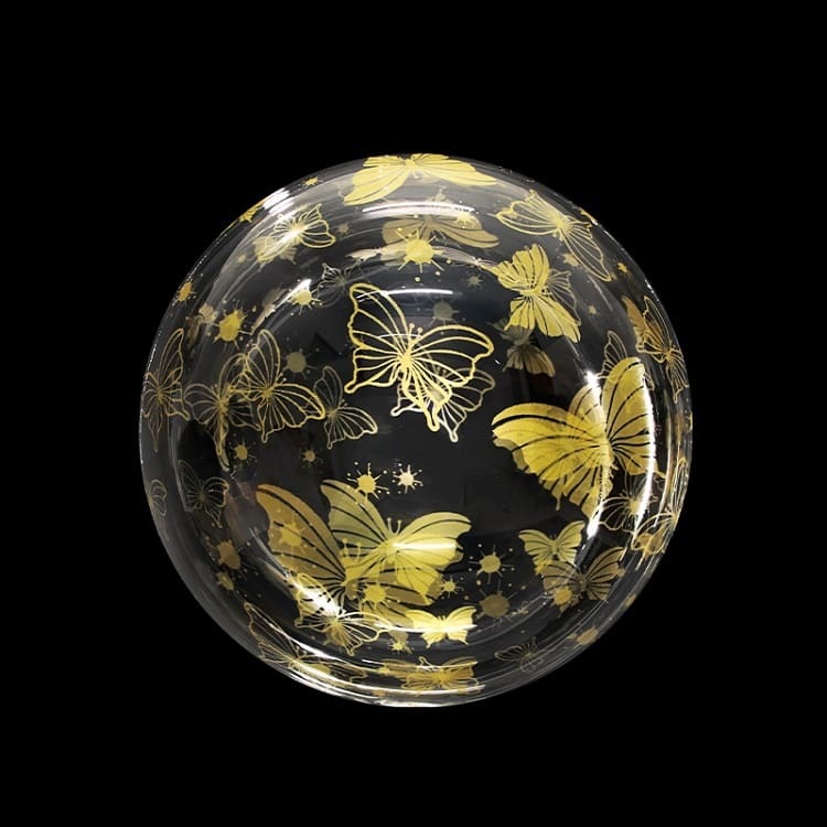Шар Х 18" Сфера 3D, Deco Bubble, Золотые бабочки, Прозрачный, Кристалл, 1 шт.
