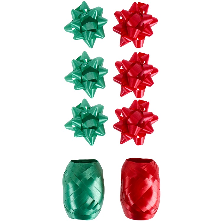Набор для оформления подарков Зеленый и Красный матовый 6 бант+2 ленты 5 ммх10м