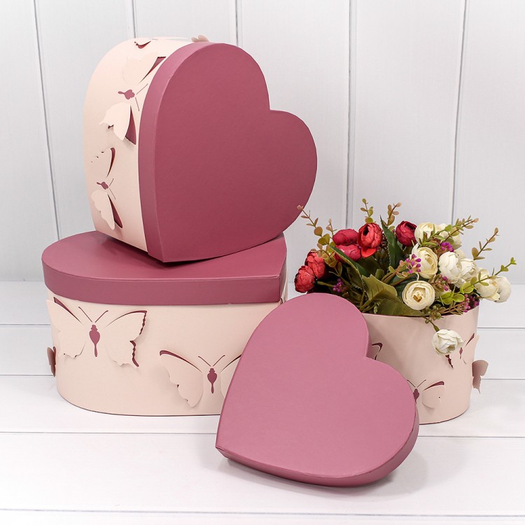 Набор коробок Сердце, Бабочки, Розовый, 28*26*15 см, 3 шт