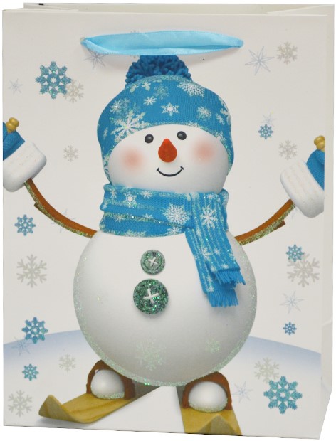 Пакет подарочный Снеговичок в синей шапочке, с блестками, 32*26*10 см /ДБ