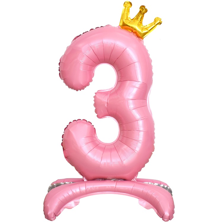 Шар Х (32"/81 см) Цифра, 3, Золотая корона, на подставке, Розовый
