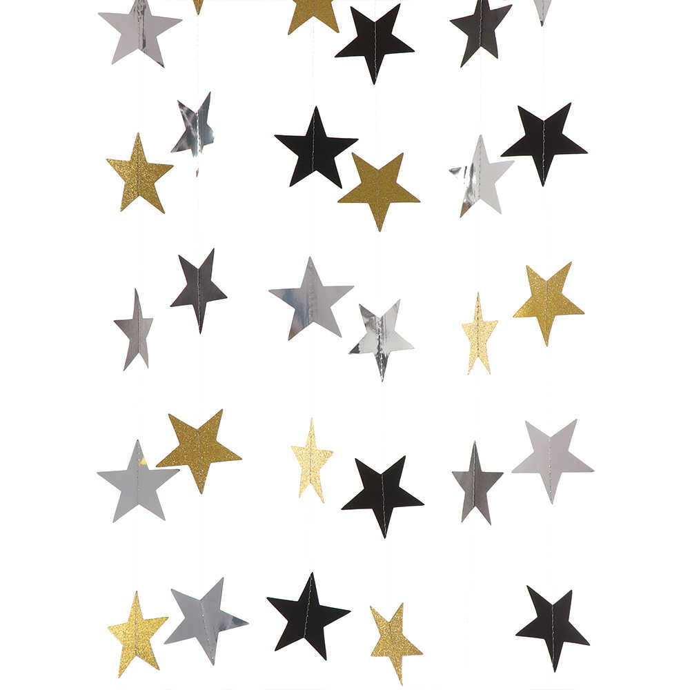 Гирлянда "Звезды" блеск 7 см х 4 м, черный+серебро+золото /Мо