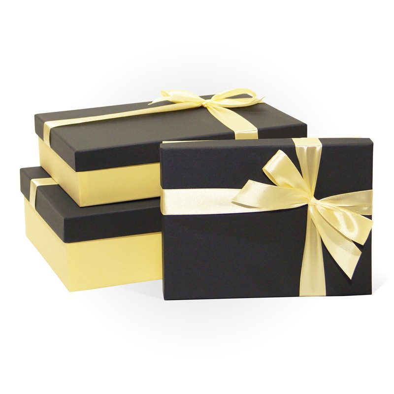 Набор подарочных коробок 3в1 с бантом Ромб 230*190*80 (Прямоуголн. черный/слоновая кость)