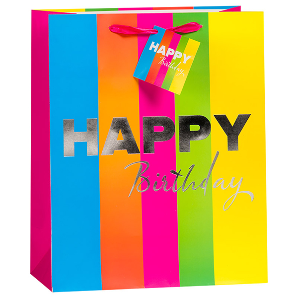 Пакет подарочный С Днем Рождения (разноцветные полосы), с блестками, 26*32*12 см