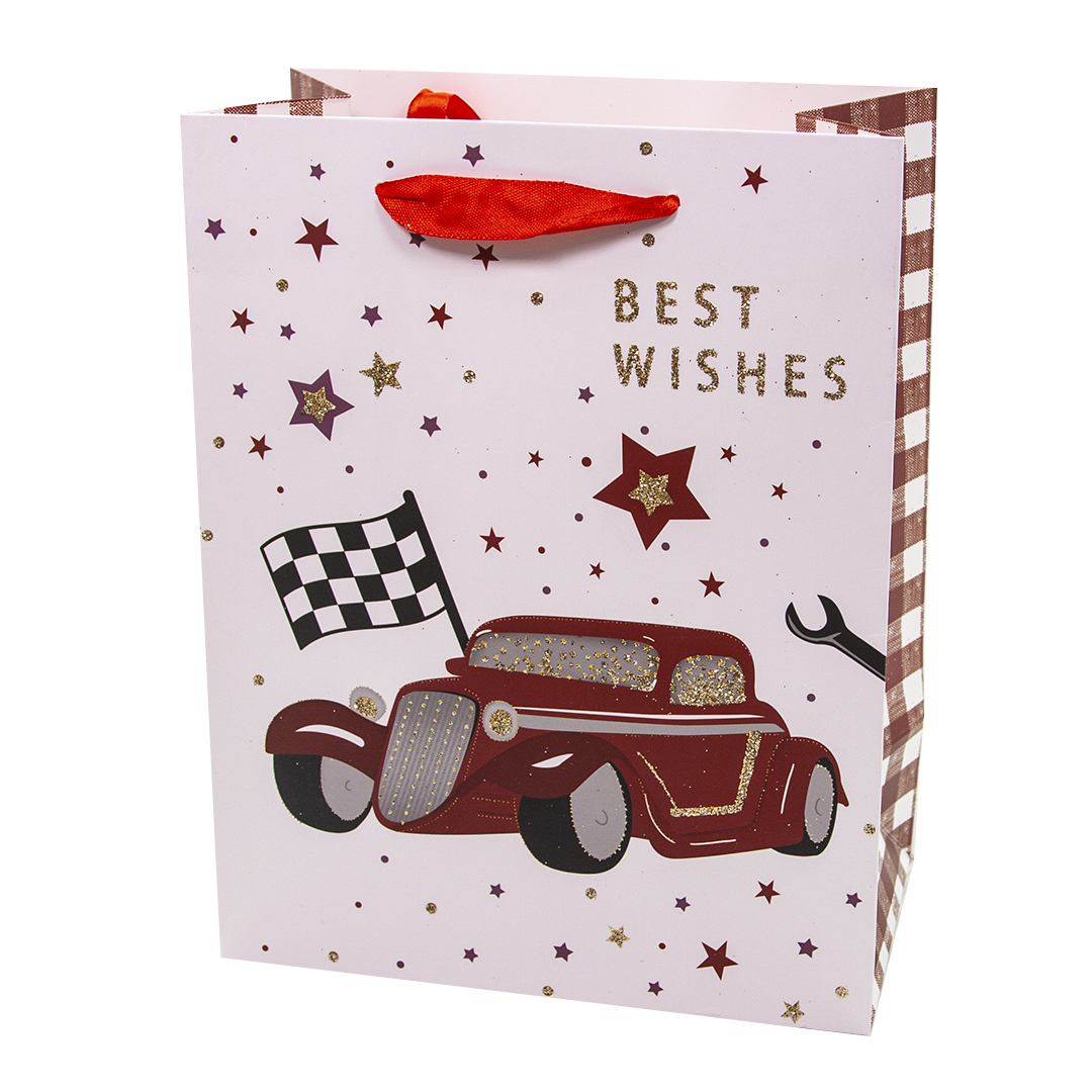 Пакет подарочный, Красный ретро-автомобиль, с блестками, 32*26*12 см, 1 шт./Дб