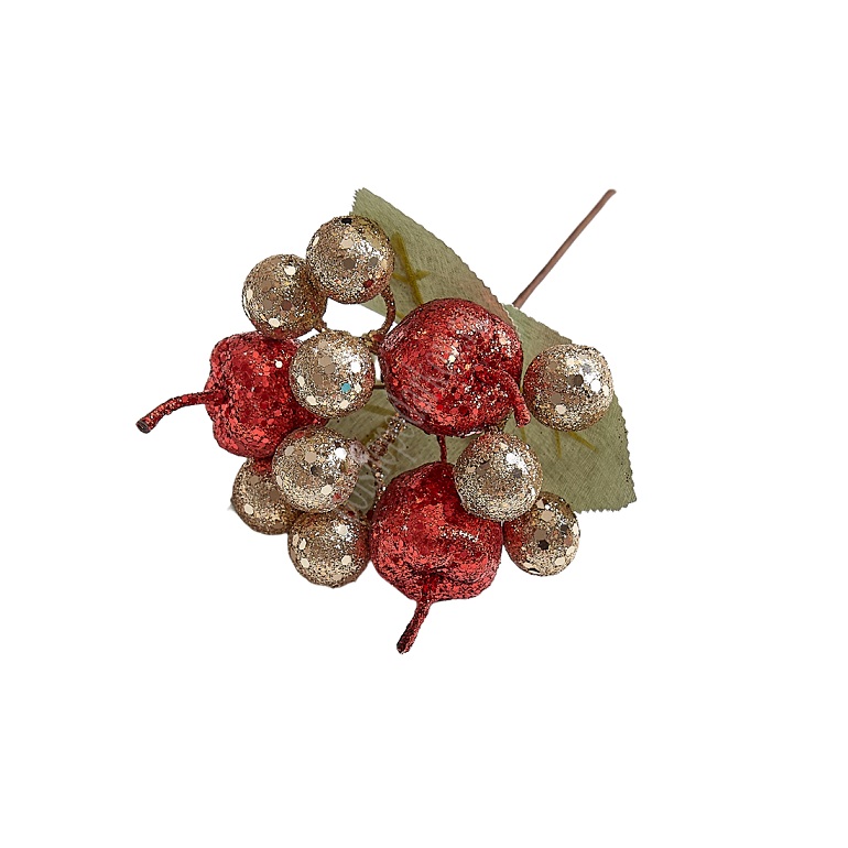 Муляж декоративный Яблочки на веточке с блестками, SF-5113, красный/светло-коричневый, 1 шт