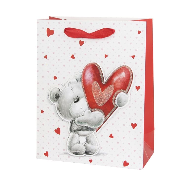 Пакет подарочный 3D, Мишка с сердечком, с блестками 32*26*10 см, 1 шт./Дб