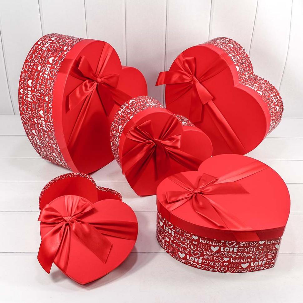 Набор коробок Сердце, Атласный бант, Love, однотонная крышка, Красный, 37*40*15 см, 5 шт.