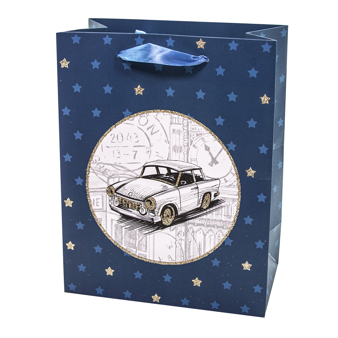 Пакет подарочный, Автомобиль, Синий, с блестками, 32*26*12 см, 1 шт./Дб