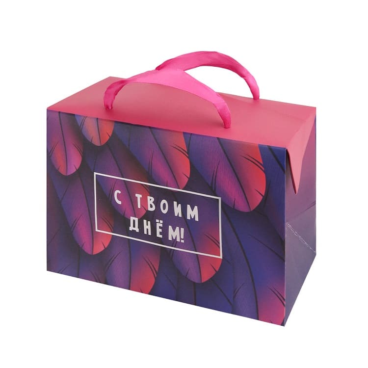 Пакет-коробка подарочный с тиснением фольгой 15х11х9 см (S) Фламинго