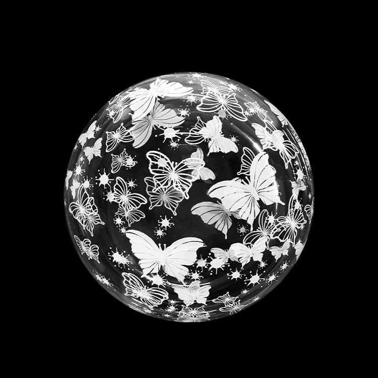 Шар Х 18" Сфера 3D, Deco Bubble, Белые бабочки, Прозрачный, Кристалл, 1 шт.
