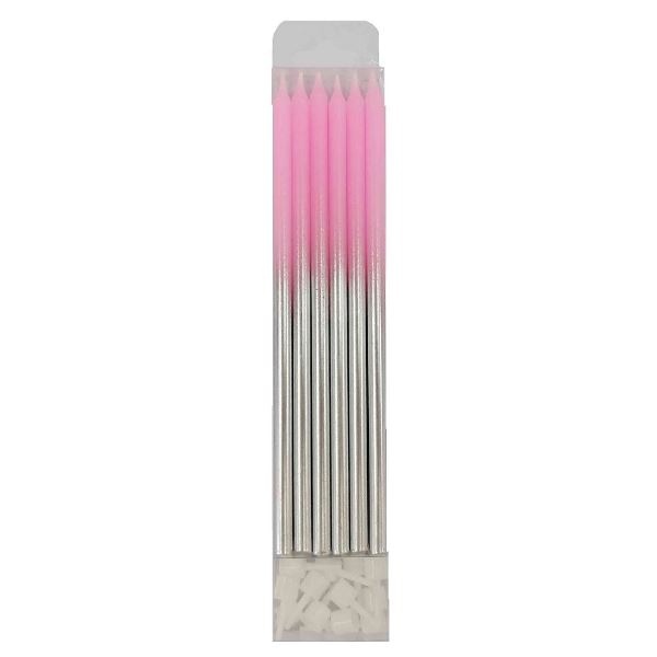 Свечи Металлик Pink & Silver 15 см с держателями 12 шт./ПБ
