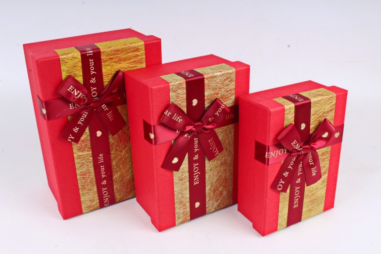 Набор коробок подарочных, 3 шт. Прямоугольник, золотая сизаль, красный, 22*15*9 см