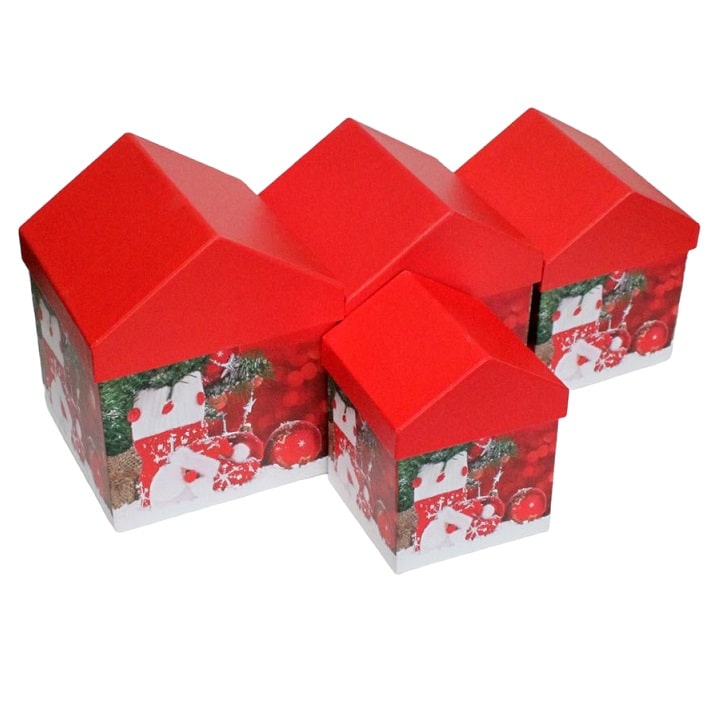 Набор коробок, Новогодние домики, Красный, 4 шт